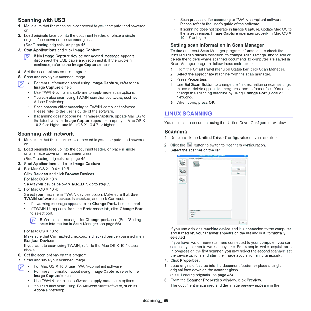 Samsung SCX-4623 manual Linux Scanning, Scanning with USB, Scanning with network, Setting scan information in Scan Manager 