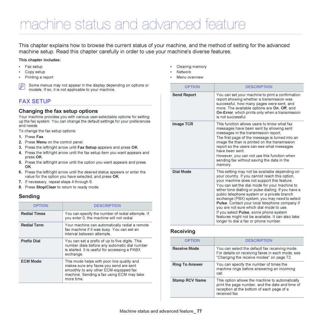 Samsung SCX-4600 manual Machine status and advanced feature, FAX Setup, Changing the fax setup options, Sending, Receiving 