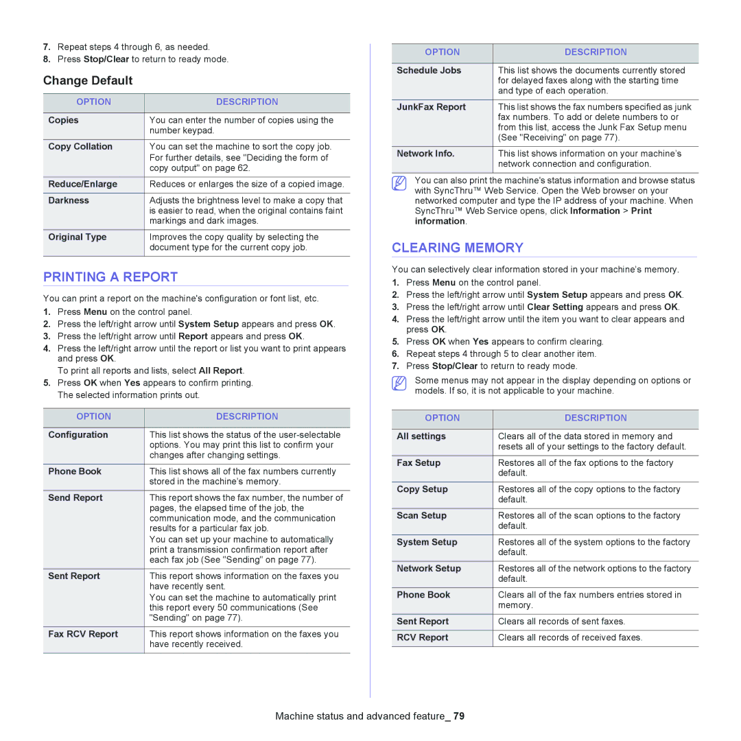 Samsung SCX-4600, SCX-4623 manual Printing a Report, Clearing Memory 