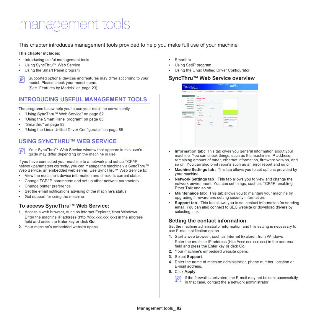 Samsung SCX-4623, SCX-4600 manual Management tools, Introducing Useful Management Tools, Using Syncthru WEB Service 