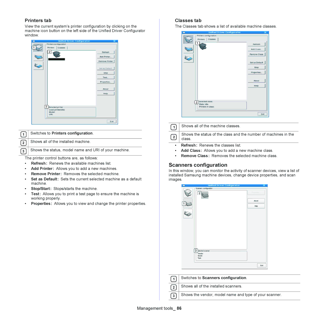 Samsung SCX-4623, SCX-4600 manual Scanners configuration, Printers tab, Classes tab, Switches to Printers configuration 