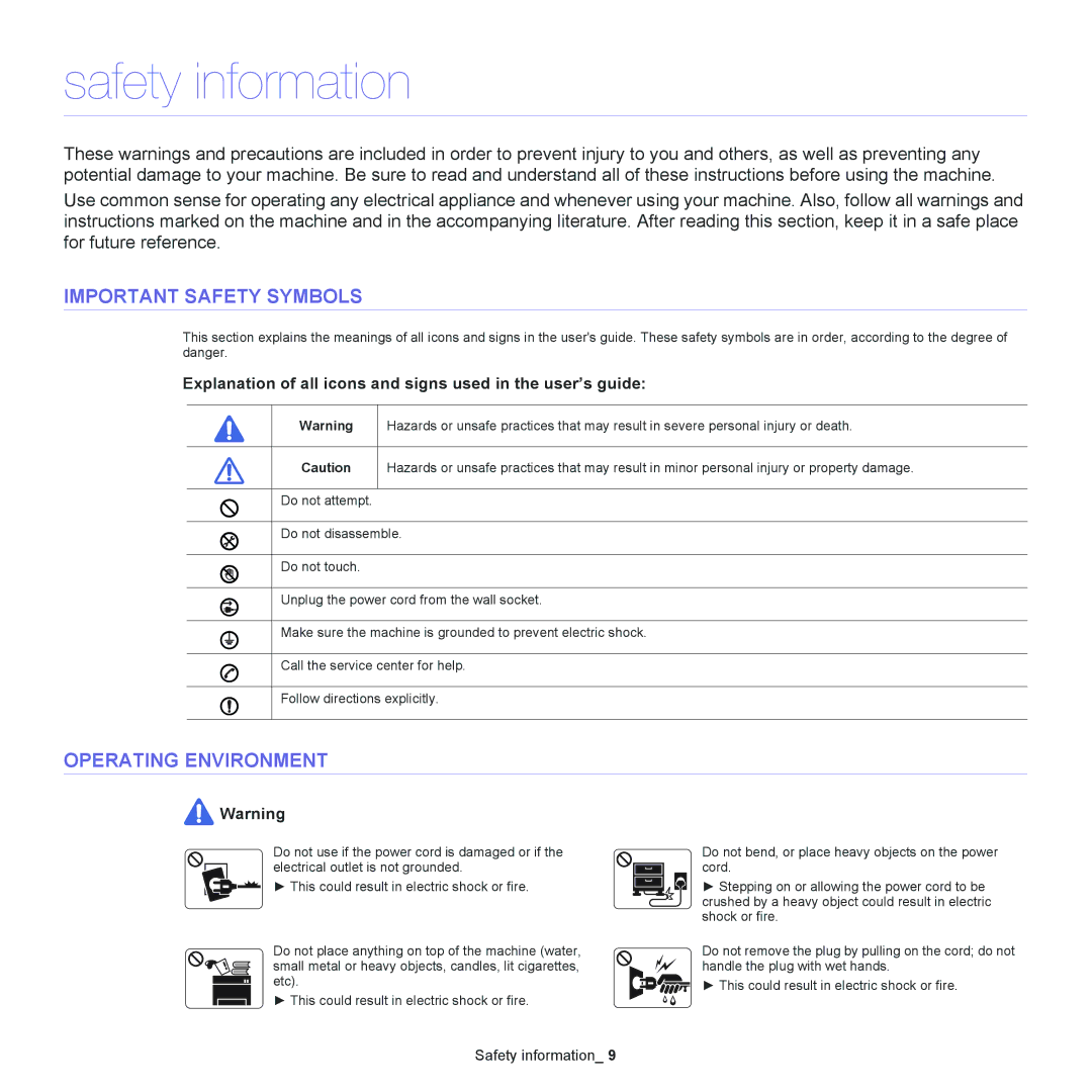 Samsung SCX-4600, SCX-4623 manual Safety information, Important Safety Symbols, Operating Environment 