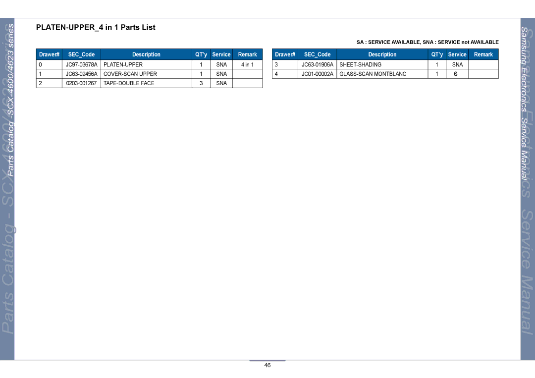 Samsung SCX-4623, SCX-4600 manual PLATEN-UPPER4 in 1 Parts List 