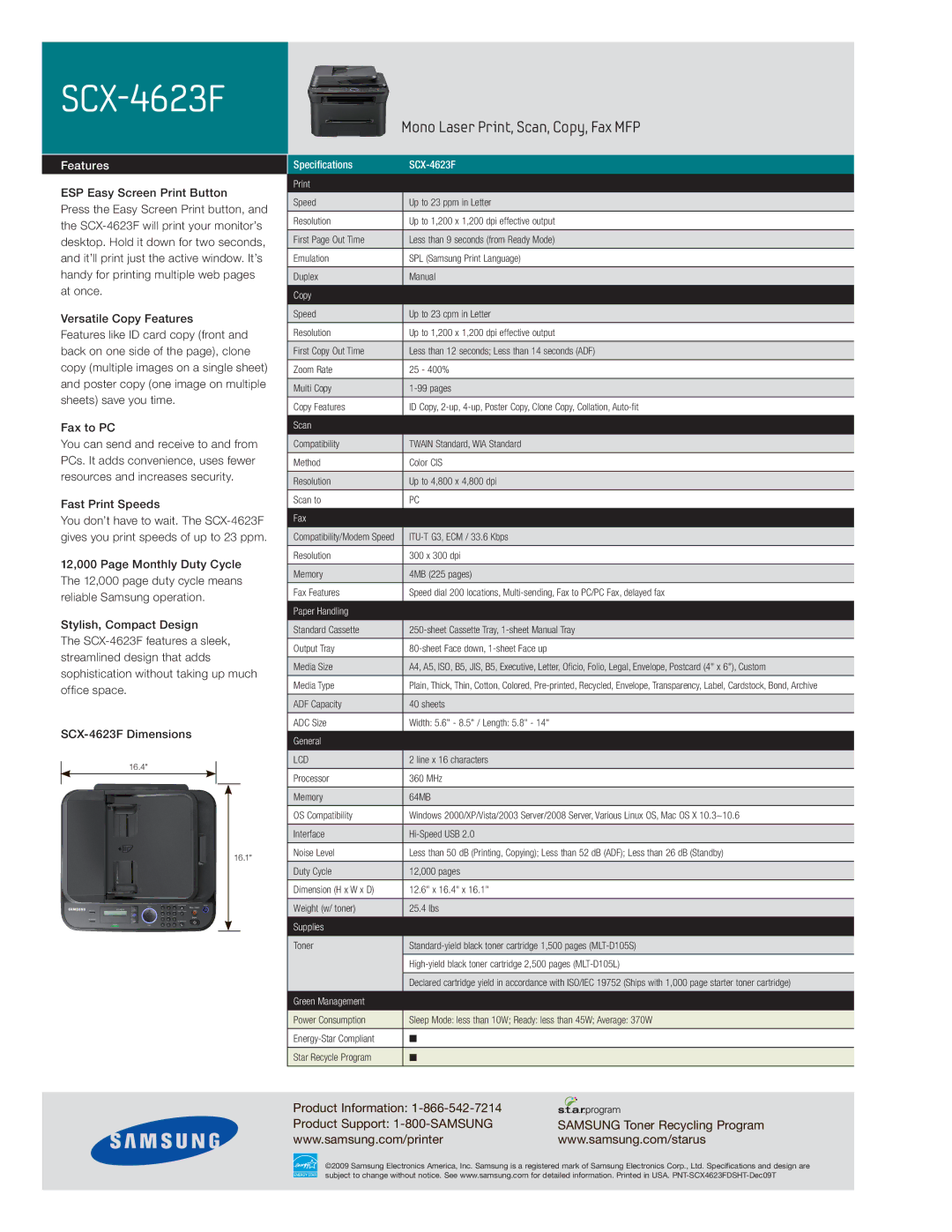 Samsung manual Specifications SCX-4623F Print, Copy, Scan, Fax, Paper Handling, General, Supplies, Green Management 