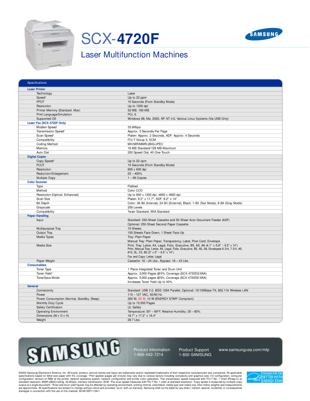 Samsung Laser Printer, Laser Fax SCX-4720F Only, Digital Copier, Color Scanner, Paper Handling, Consumables, General 