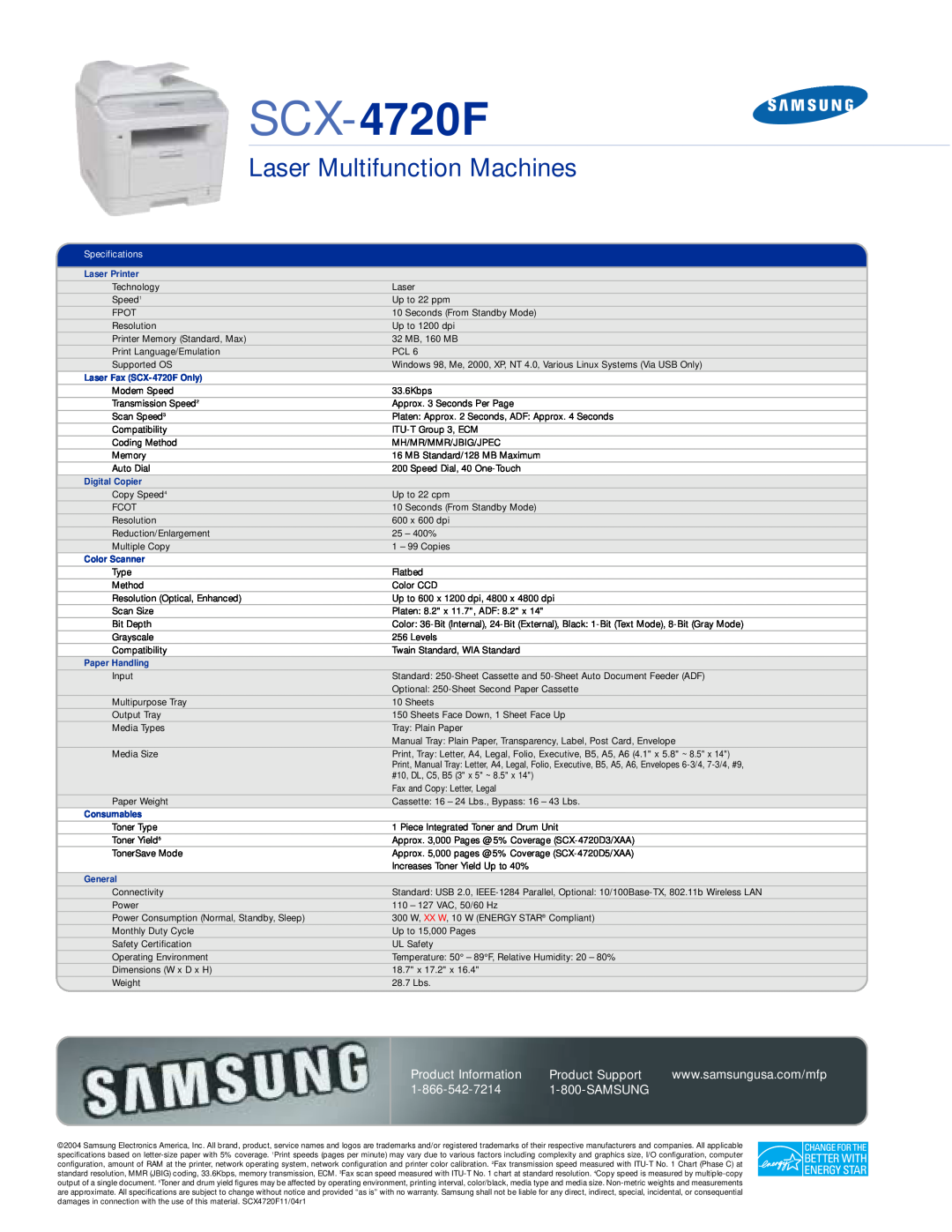 Samsung SCX-4720F Laser Multifunction Machines, Product Information, Product Support, Samsung, Specifications, Consumables 