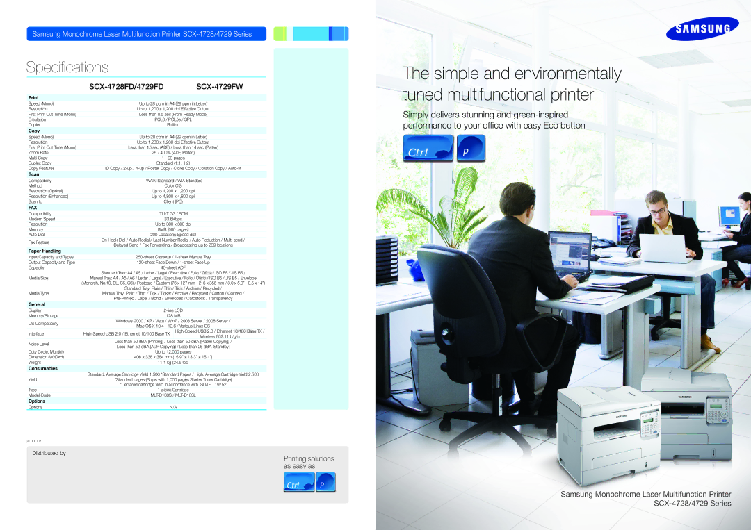 Samsung SCX-4729FD, SCX-4728FD, SCX-4729FW specifications Print, Copy, Scan, Paper Handling, General, Consumables, Options 