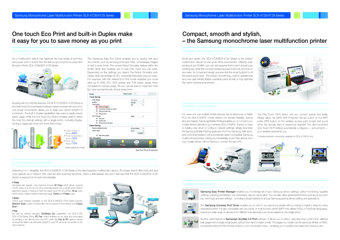 Samsung SCX-4729FW Perfect balance, Pleasant working environment, Wireless connectivity, Functional and versatile 