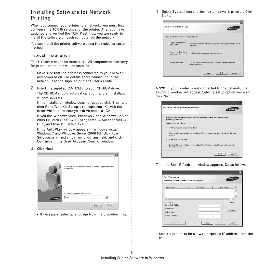 Samsung SCX-4828FN, SCX-4824FN manual Installing Software for Network Printing, Typical Installation 