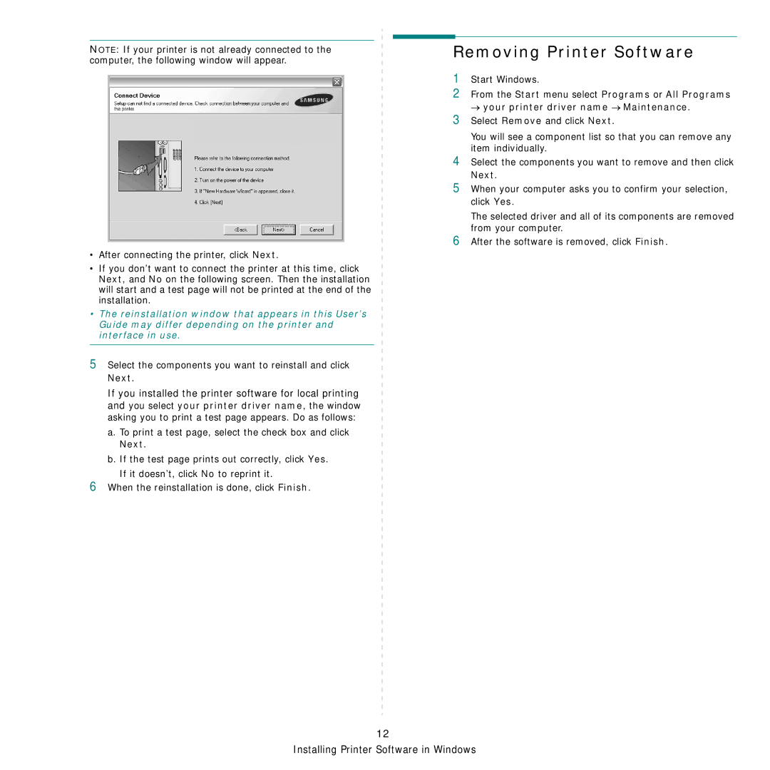 Samsung SCX-4828FN, SCX-4824FN manual Removing Printer Software, Select the components you want to reinstall and click Next 