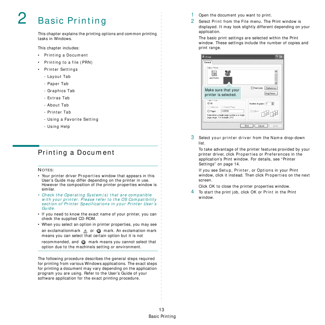 Samsung SCX-4824FN, SCX-4828FN manual Printing a Document, Select your printer driver from the Name drop-down list 