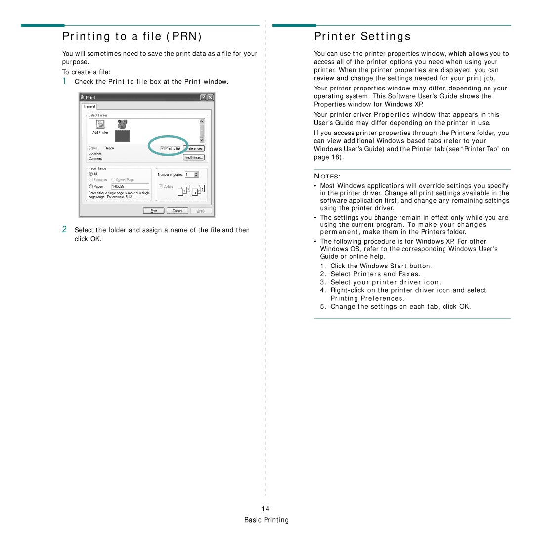 Samsung SCX-4828FN Printing to a file PRN, Printer Settings, Select Printers and Faxes Select your printer driver icon 