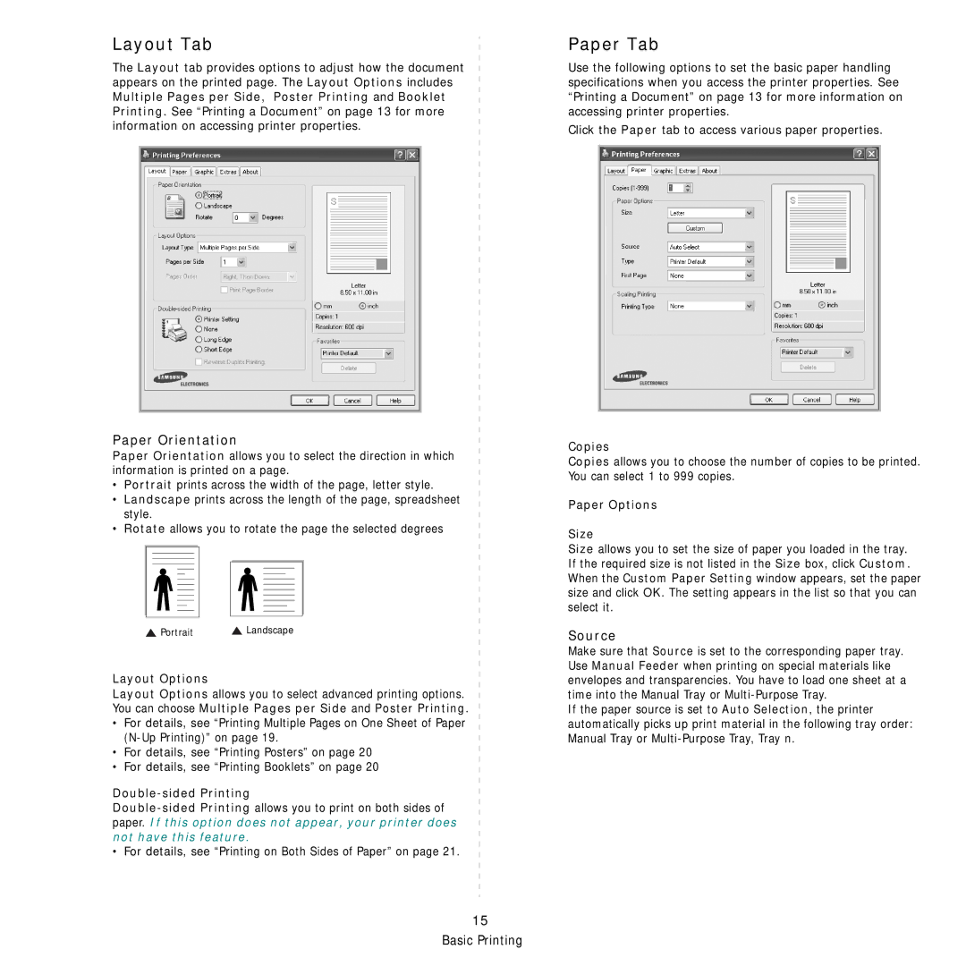 Samsung SCX-4824FN, SCX-4828FN manual Layout Tab, Paper Tab, Paper Orientation, Source 