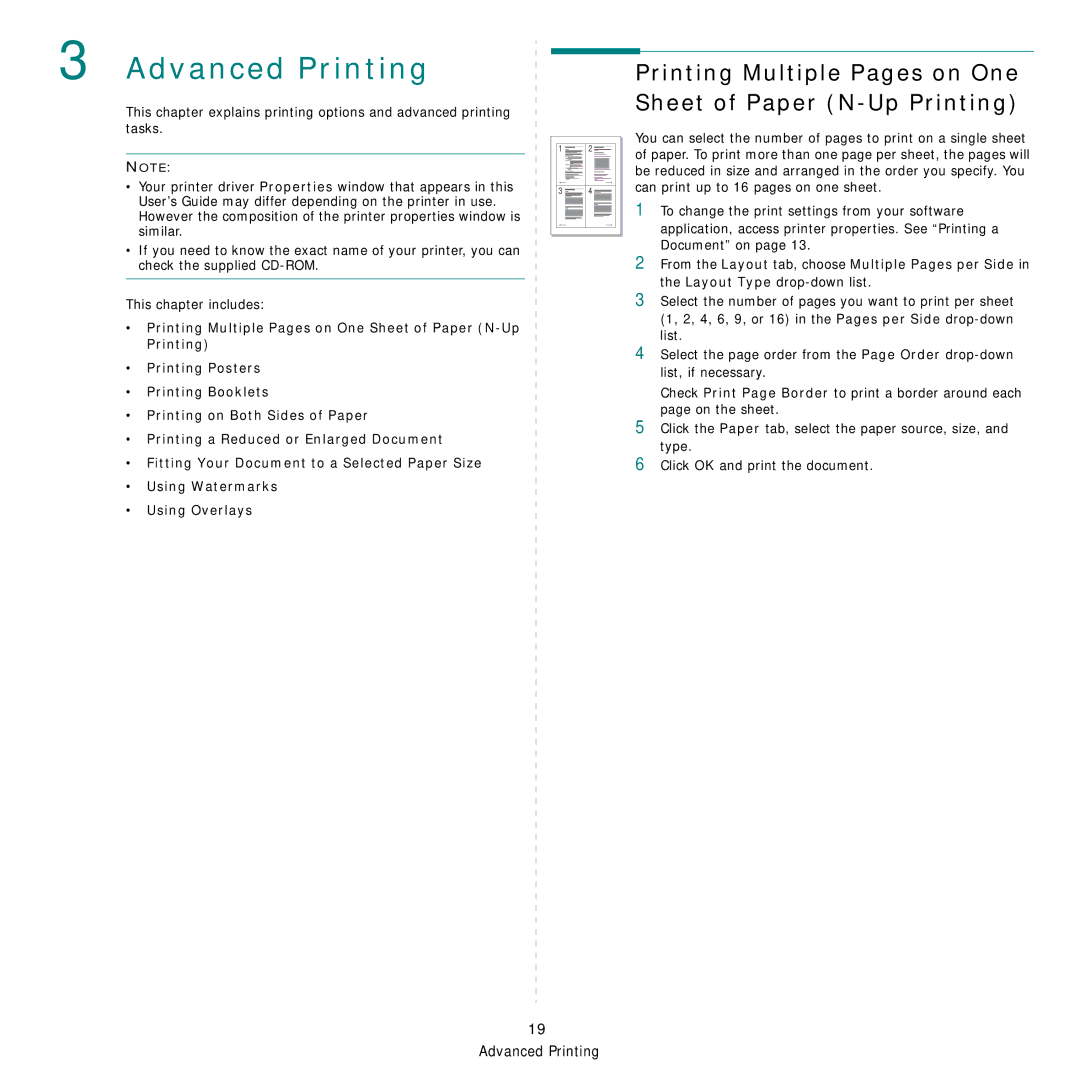 Samsung SCX-4824FN, SCX-4828FN manual Advanced Printing, Printing Multiple Pages on One Sheet of Paper N-Up Printing 