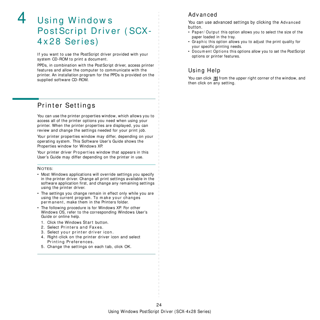 Samsung SCX-4828FN, SCX-4824FN manual Using Windows PostScript Driver SCX 4x28 Series, Advanced 