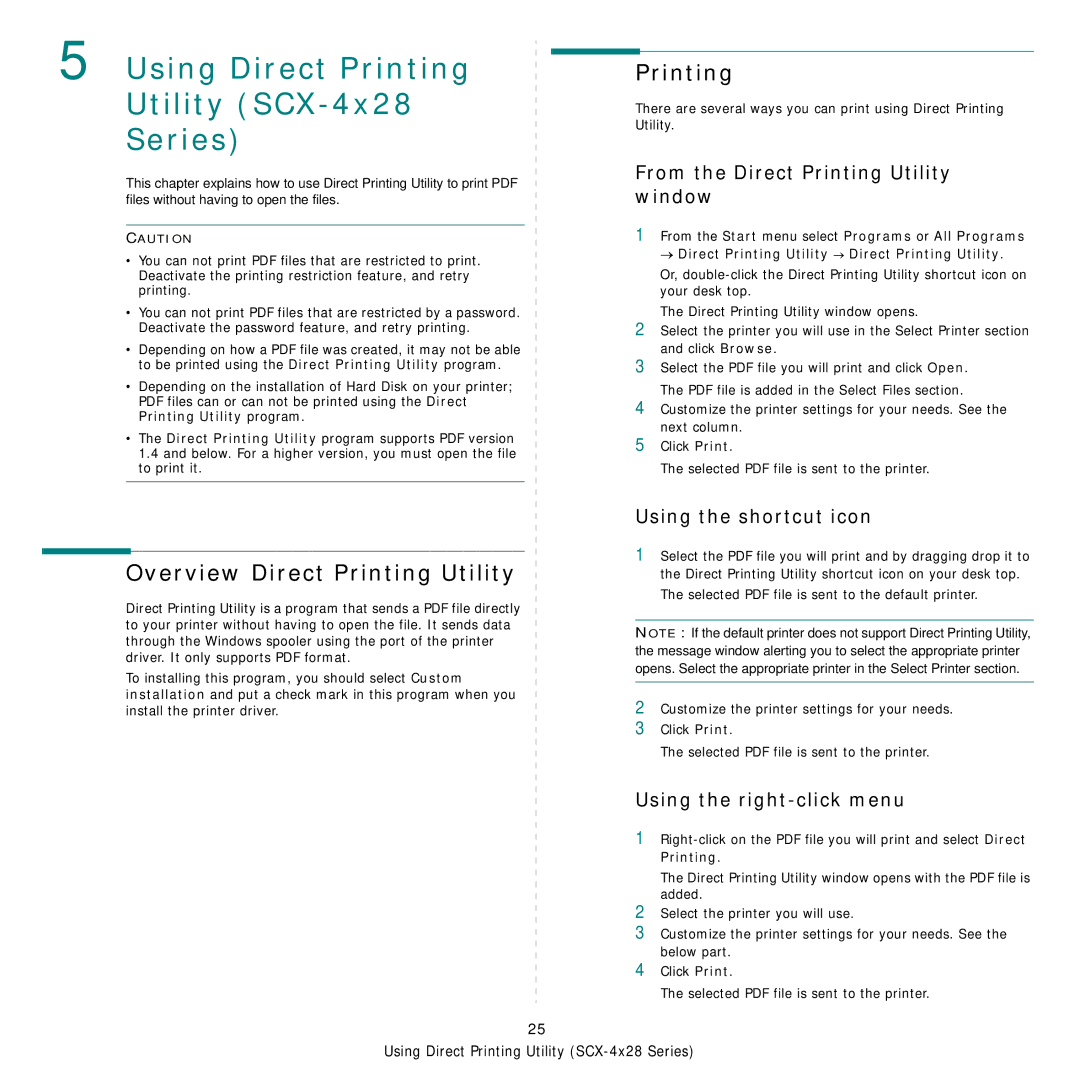 Samsung SCX-4824FN, SCX-4828FN manual Overview Direct Printing Utility, From the Direct Printing Utility window 