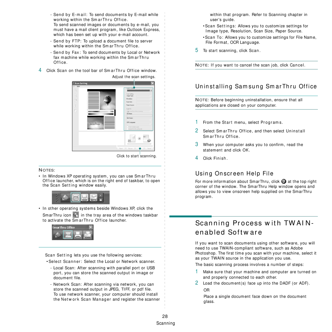 Samsung SCX-4828FN, SCX-4824FN manual Scanning Process with TWAIN- enabled Software, Uninstalling Samsung SmarThru Office 