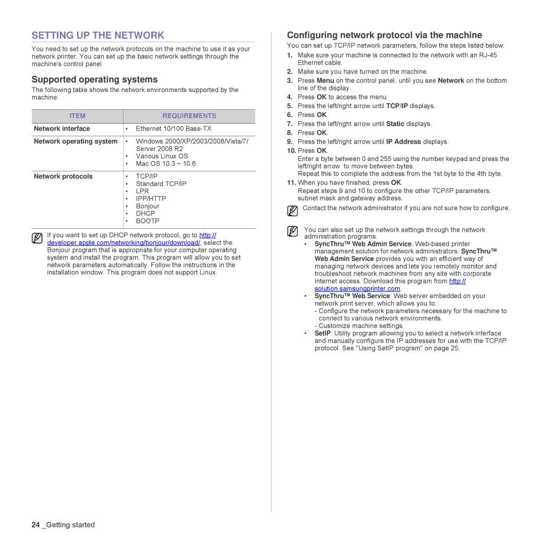 Samsung SCX-4828FN manual Setting UP the Network, Supported operating systems, Configuring network protocol via the machine 