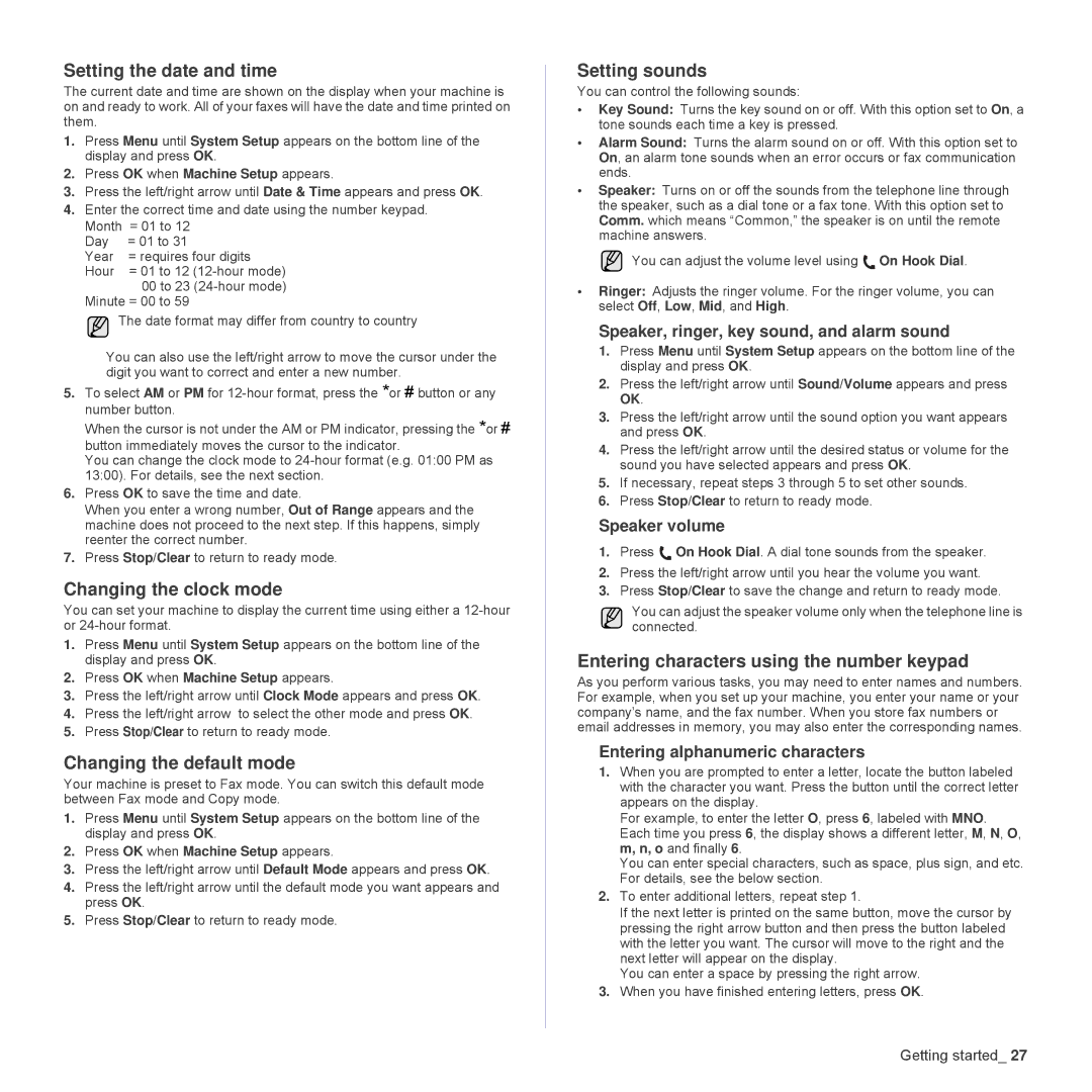 Samsung SCX-4824FN manual Setting the date and time, Changing the clock mode, Changing the default mode, Setting sounds 