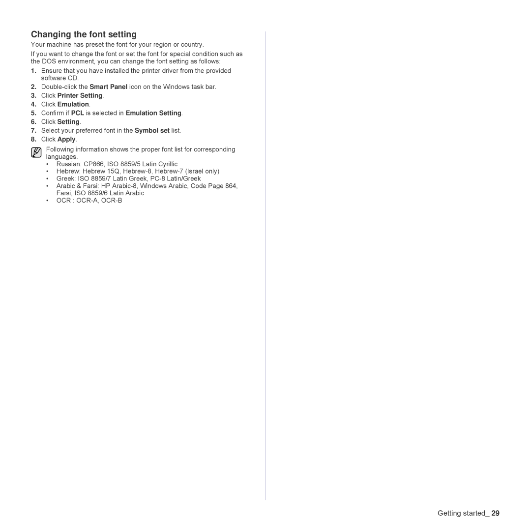 Samsung SCX-4824FN, SCX-4828FN manual Changing the font setting, Click Printer Setting Click Emulation 