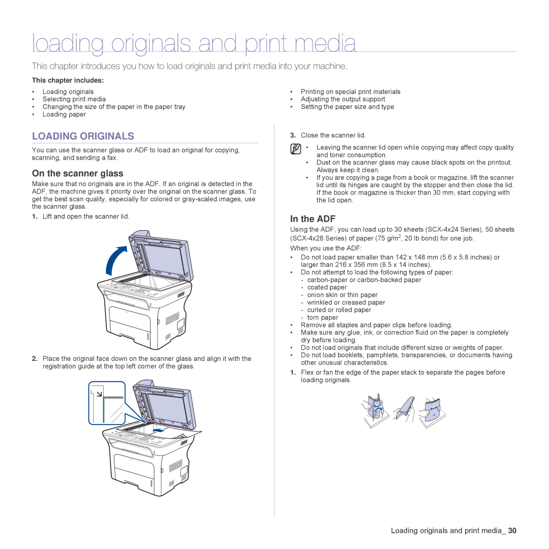 Samsung SCX-4828FN, SCX-4824FN manual Loading originals and print media, Loading Originals, On the scanner glass, Adf 