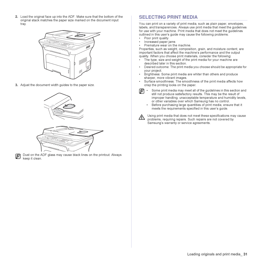 Samsung SCX-4824FN, SCX-4828FN manual Selecting Print Media 