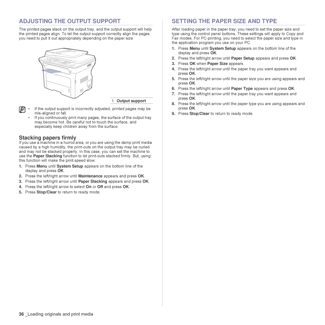 Samsung SCX-4828FN, SCX-4824FN manual Adjusting the Output Support, Setting the Paper Size and Type, Stacking papers firmly 