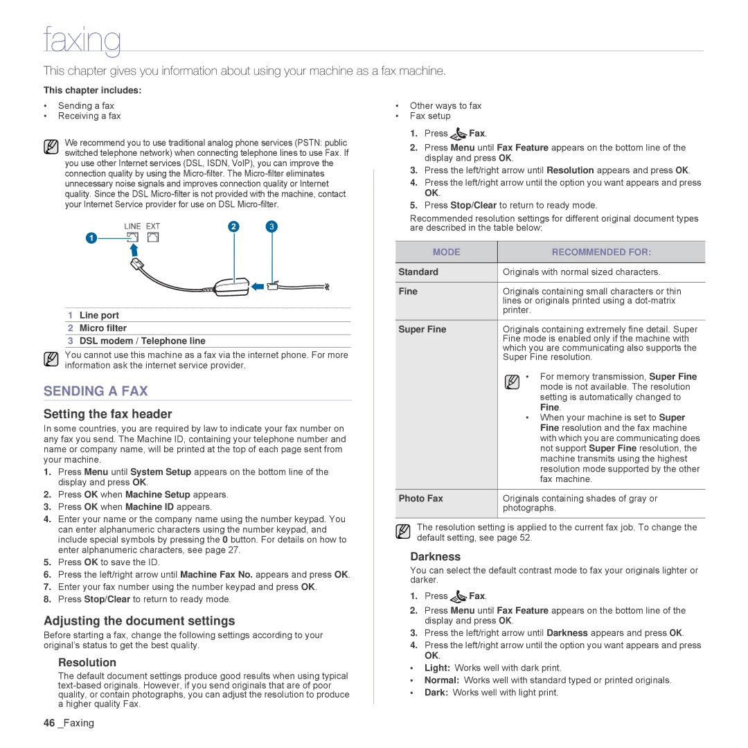 Samsung SCX-4828FN, SCX-4824FN manual Faxing, Sending a FAX, Setting the fax header, Adjusting the document settings 