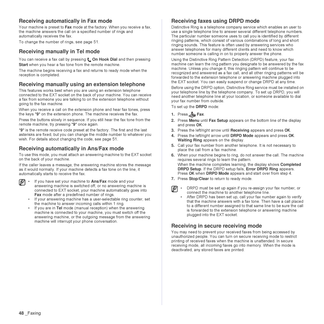 Samsung SCX-4828FN Receiving automatically in Fax mode, Receiving manually in Tel mode, Receiving faxes using Drpd mode 