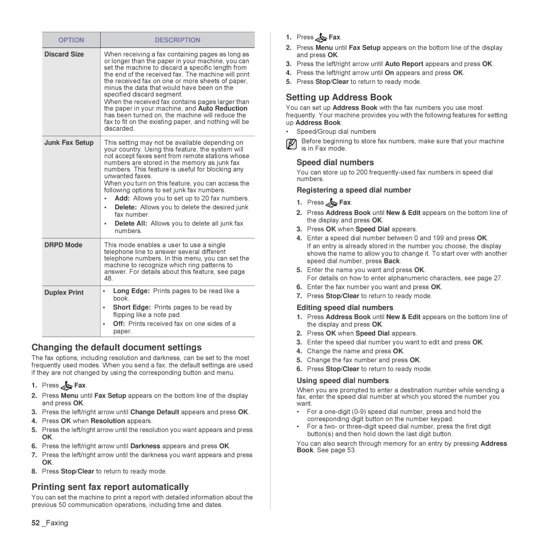 Samsung SCX-4828FN Changing the default document settings, Printing sent fax report automatically, Setting up Address Book 