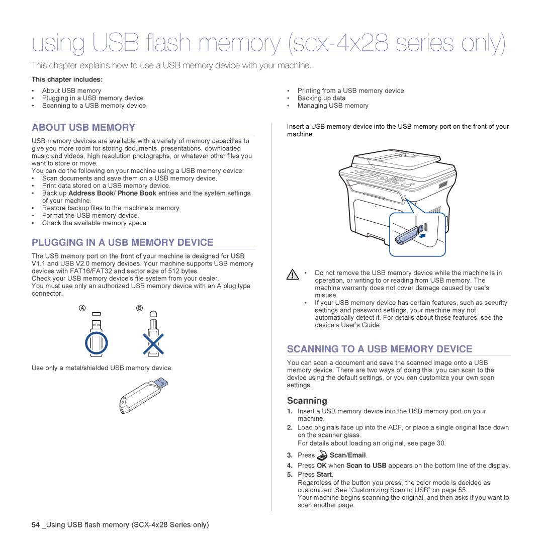 Samsung SCX-4828FN, SCX-4824FN manual About USB Memory, Plugging in a USB Memory Device, Scanning to a USB Memory Device 