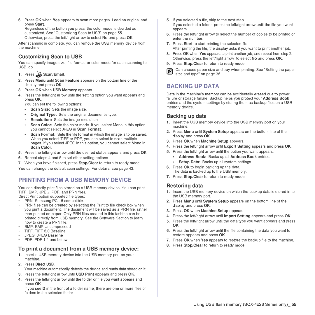 Samsung SCX-4824FN, SCX-4828FN manual Printing from a USB Memory Device, Backing UP Data 