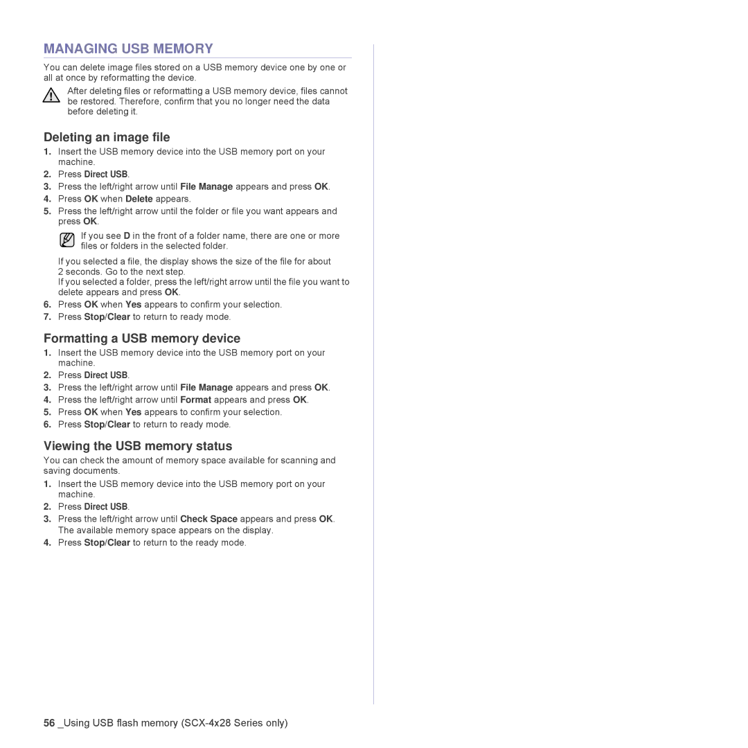 Samsung SCX-4828FN, SCX-4824FN manual Managing USB Memory, Deleting an image file, Formatting a USB memory device 