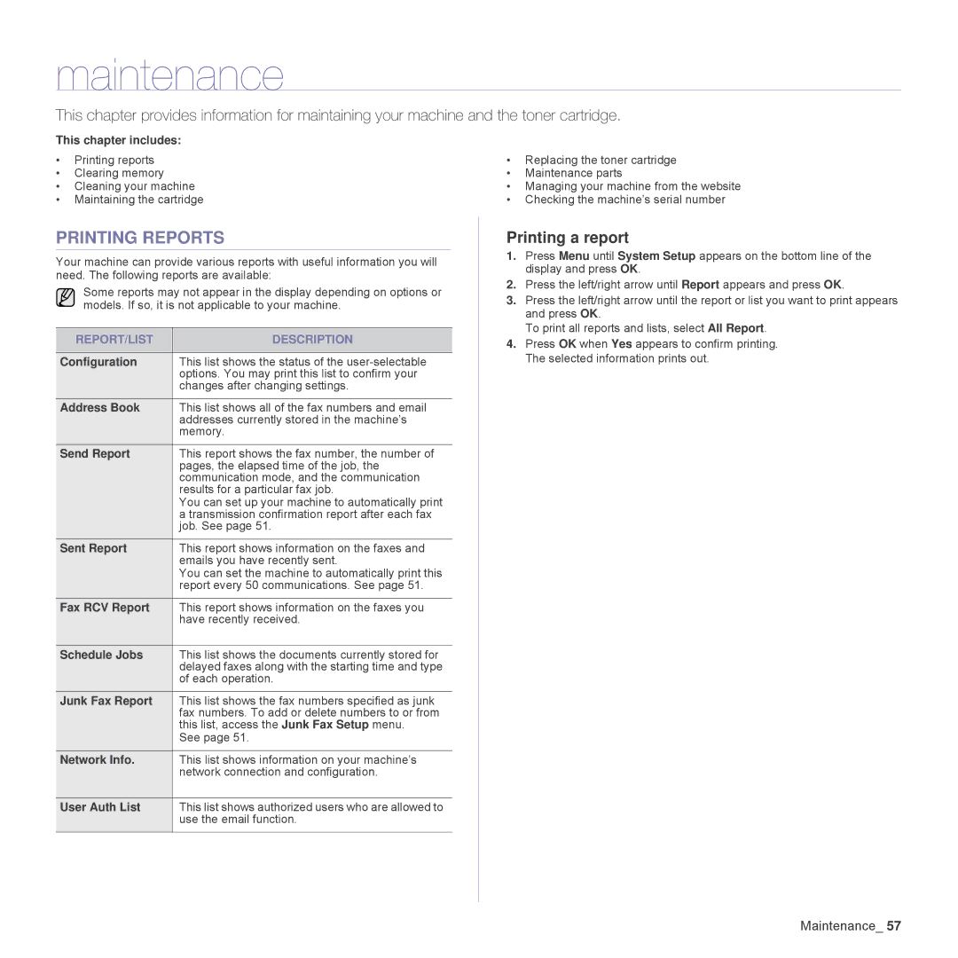 Samsung SCX-4824FN, SCX-4828FN Maintenance, Printing Reports, Printing a report, REPORT/LIST Description, Junk Fax Report 