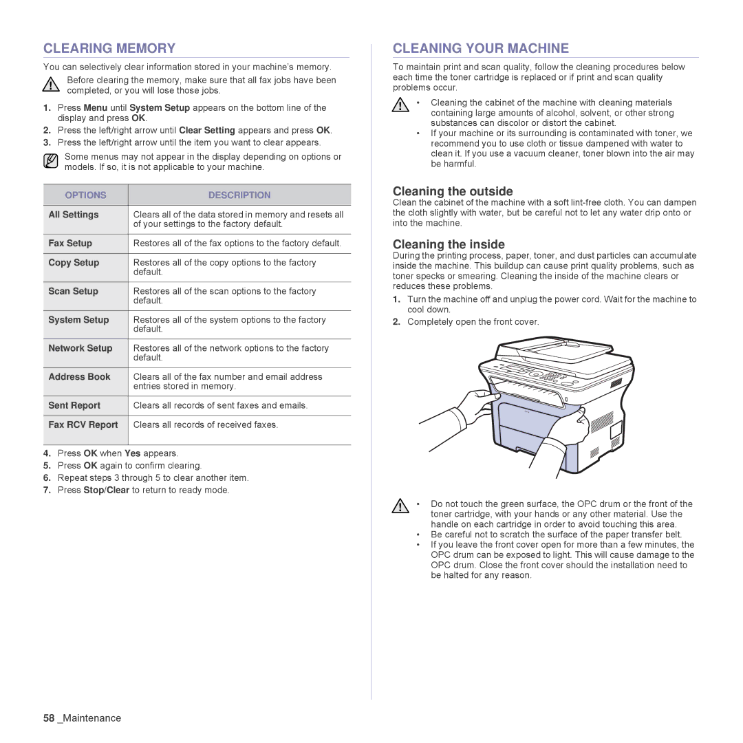 Samsung SCX-4828FN Clearing Memory, Cleaning Your Machine, Cleaning the outside, Cleaning the inside, Options Description 