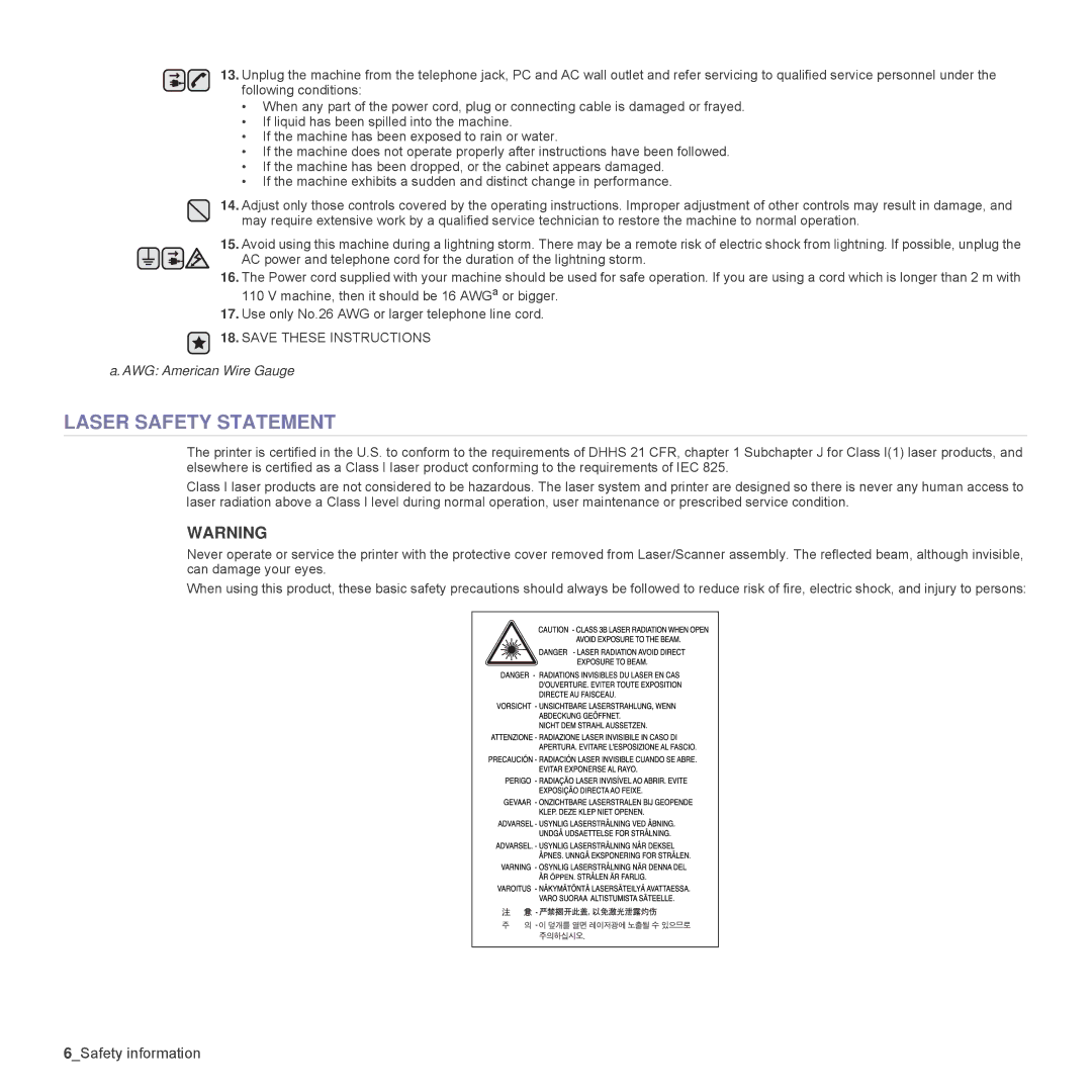 Samsung SCX-4828FN, SCX-4824FN manual Laser Safety Statement 