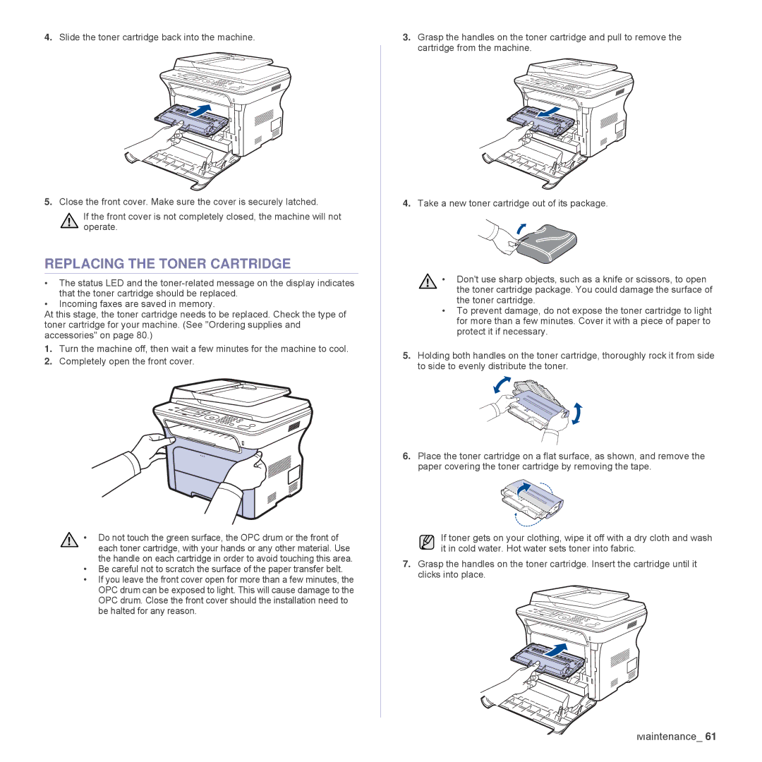 Samsung SCX-4824FN, SCX-4828FN manual Replacing the Toner Cartridge 