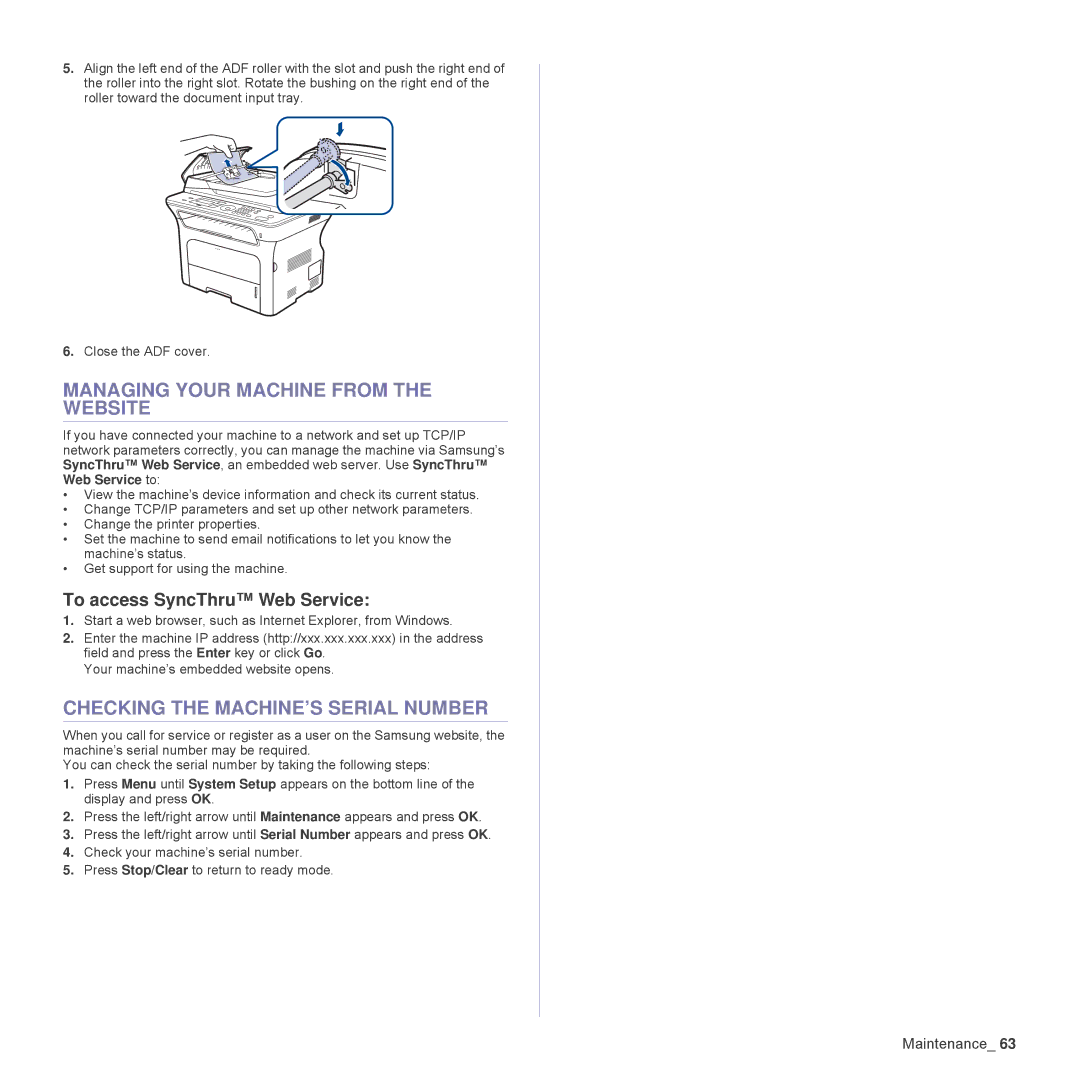 Samsung SCX-4824FN, SCX-4828FN manual Managing Your Machine from the Website, Checking the MACHINE’S Serial Number 