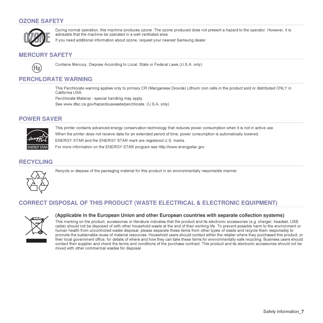 Samsung SCX-4824FN, SCX-4828FN manual Ozone Safety, Mercury Safety, Perchlorate Warning, Power Saver, Recycling 