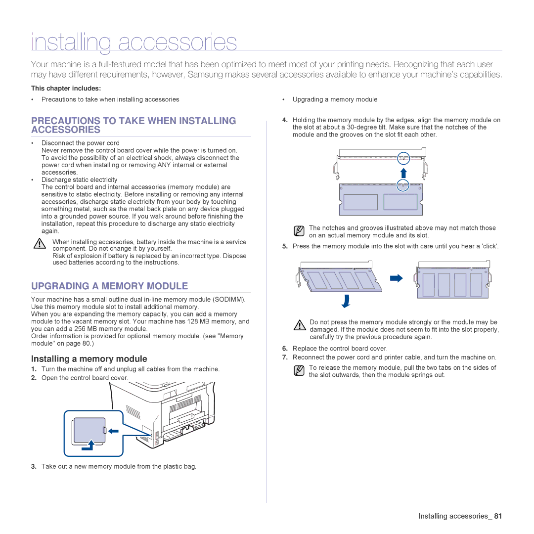 Samsung SCX-4824FN Installing accessories, Precautions to Take When Installing Accessories, Upgrading a Memory Module 