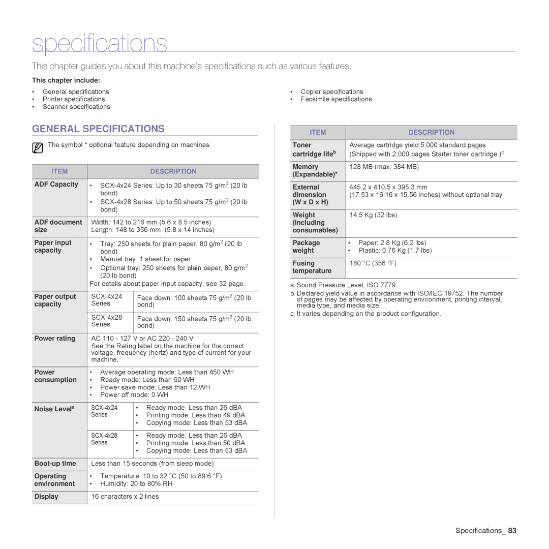 Samsung SCX-4824FN, SCX-4828FN manual General Specifications 