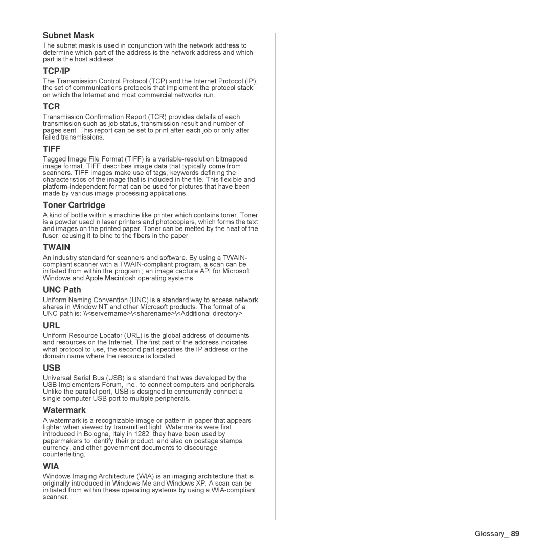 Samsung SCX-4824FN, SCX-4828FN manual Subnet Mask, Toner Cartridge, UNC Path, Watermark 