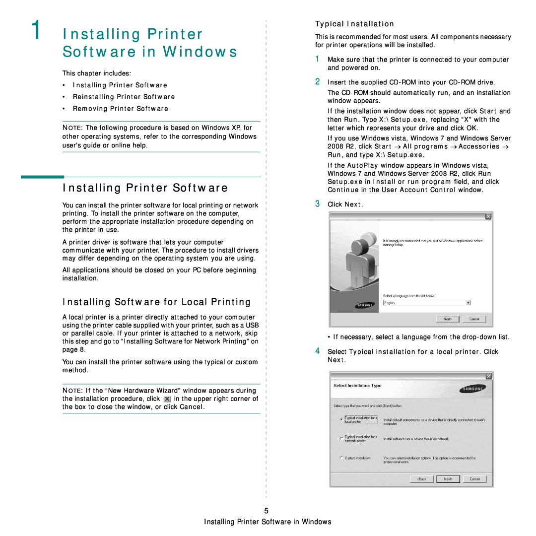 Samsung SCX-4824FN Installing Printer Software in Windows, Installing Software for Local Printing, Typical Installation 