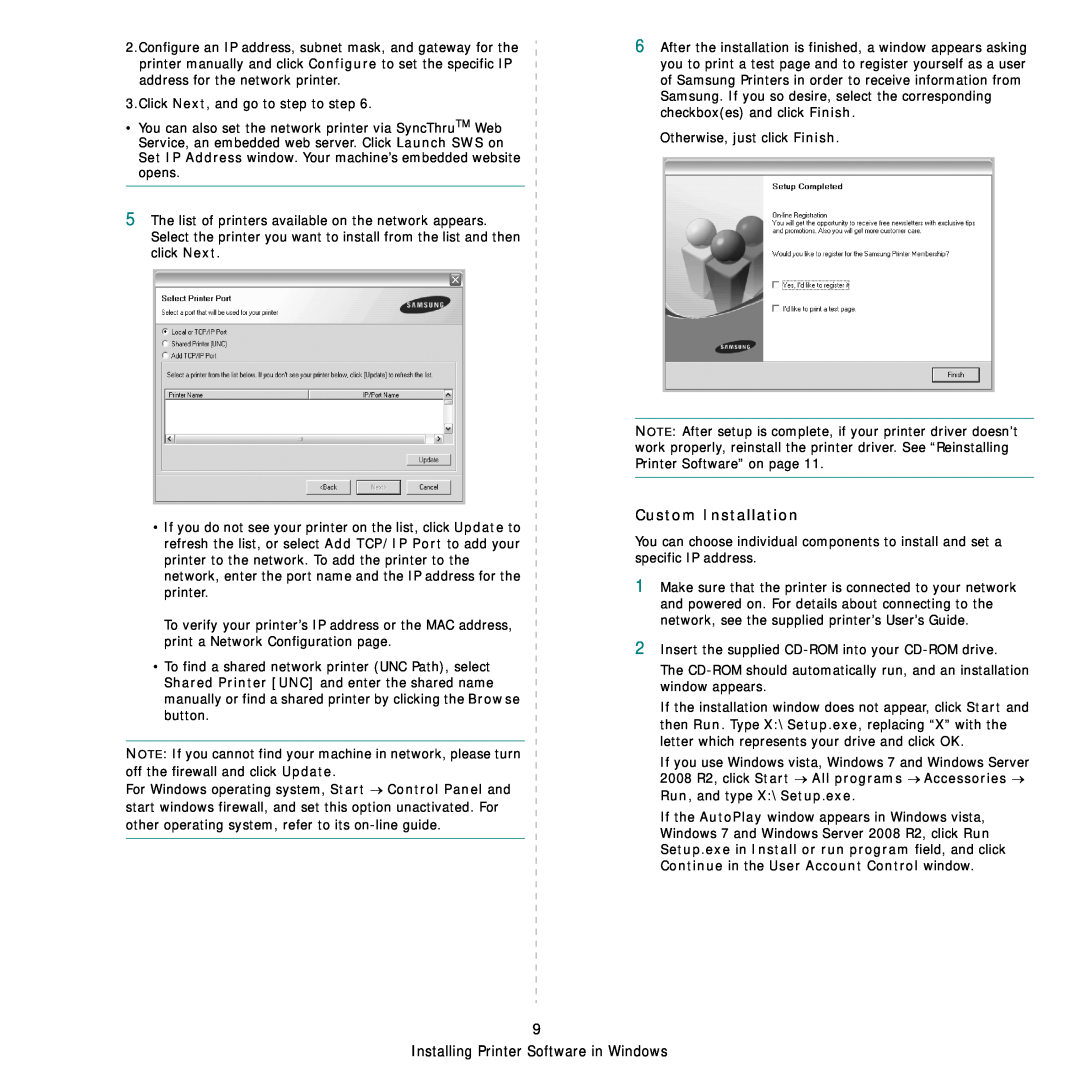 Samsung SCX-4824FN, SCX-4828FN manual Custom Installation, Installing Printer Software in Windows 
