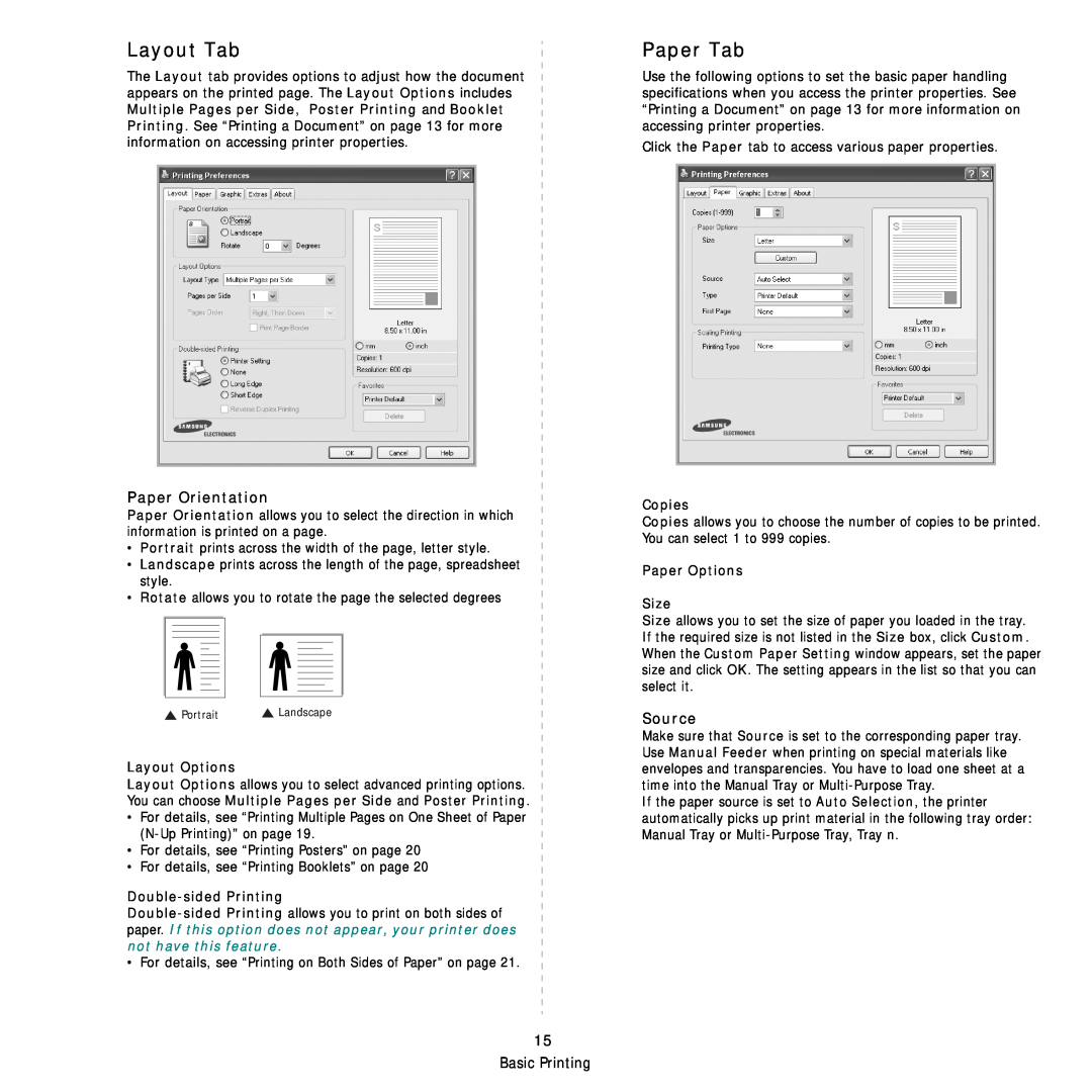 Samsung SCX-4824FN manual Layout Tab, Paper Tab, Paper Orientation, Source, Layout Options, Double-sided Printing, Copies 