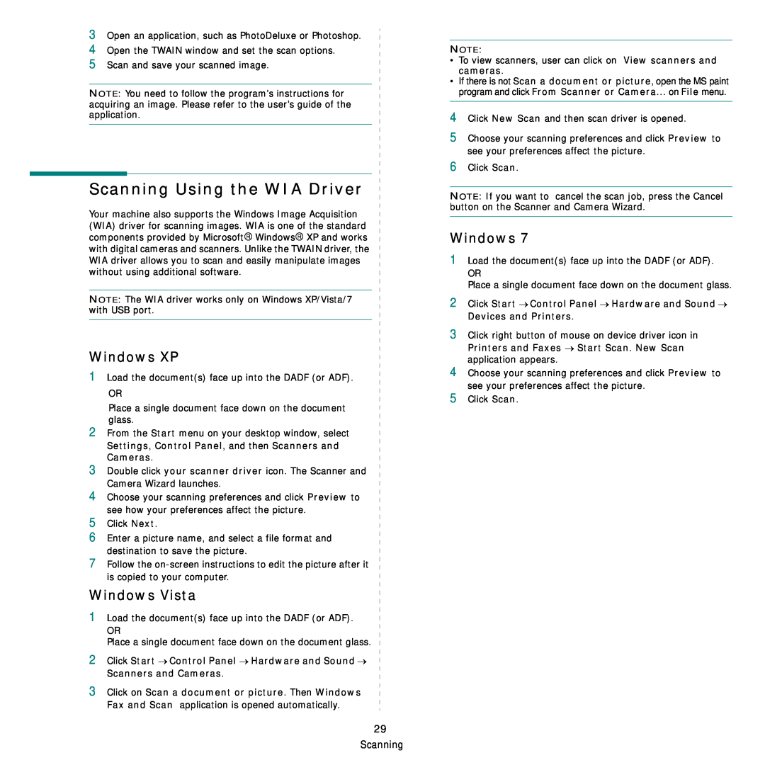 Samsung SCX-4824FN, SCX-4828FN manual Scanning Using the WIA Driver, Windows XP, Windows Vista 