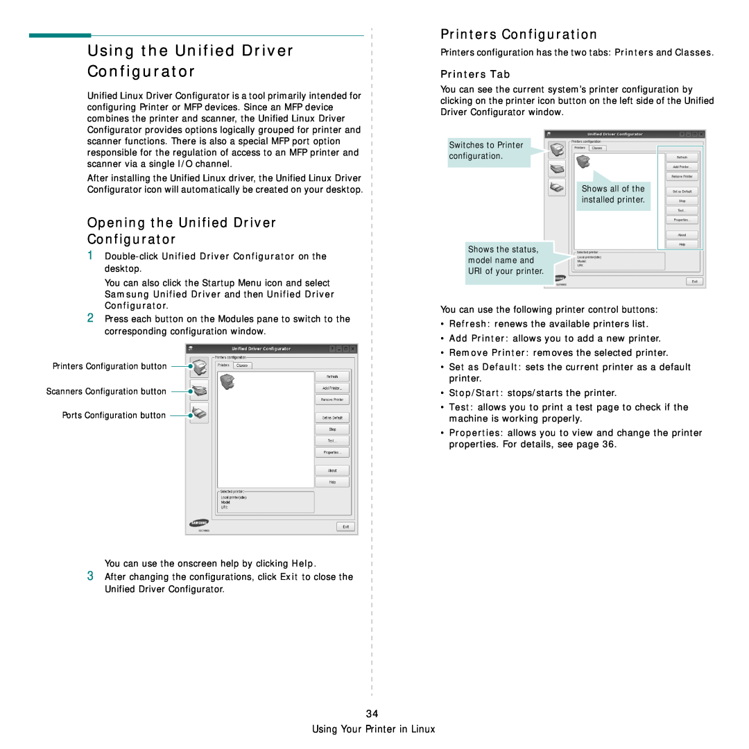 Samsung SCX-4828FN Using the Unified Driver Configurator, Printers Configuration, Opening the Unified Driver Configurator 