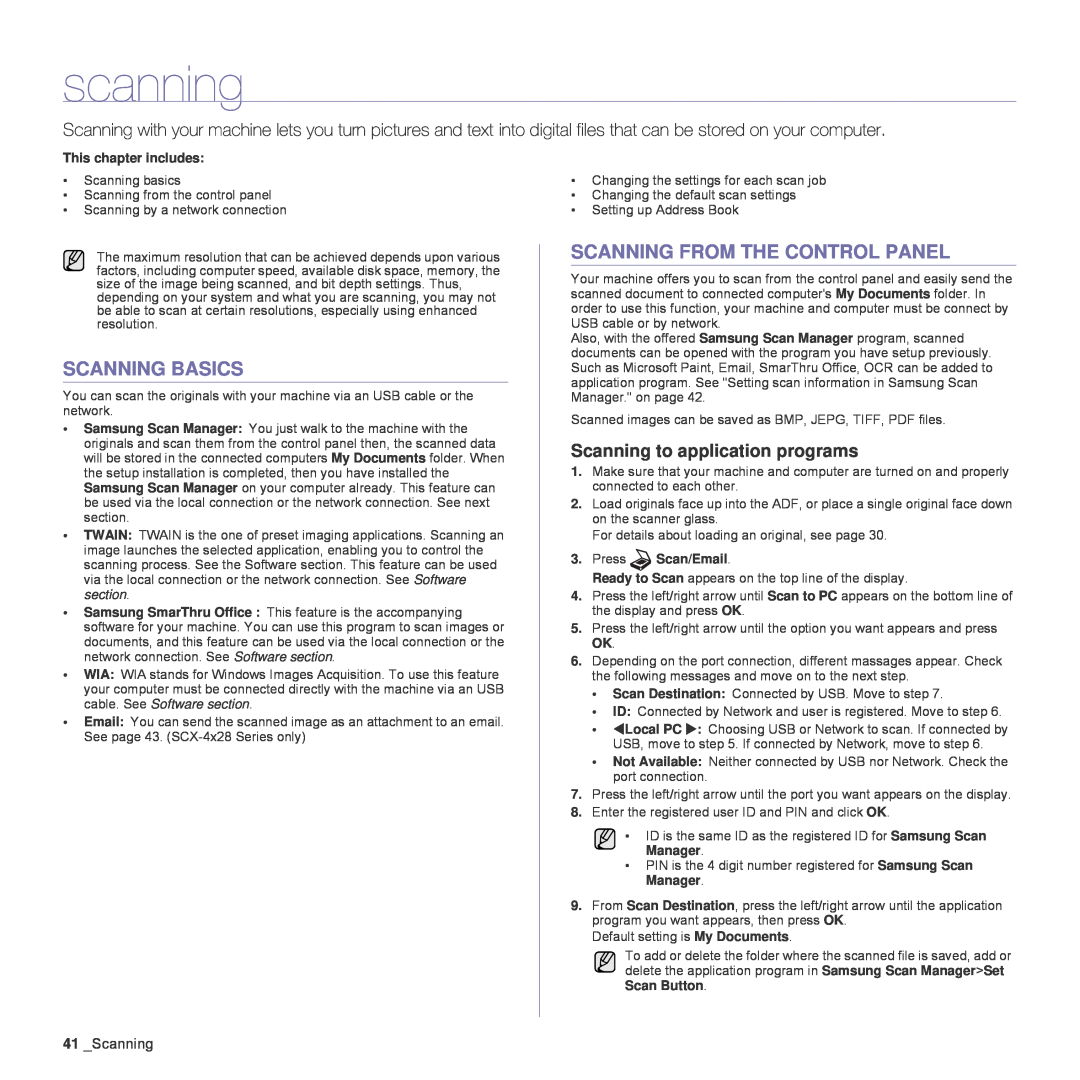 Samsung SCX-4824FN manual scanning, Scanning Basics, Scanning From The Control Panel, Scanning to application programs 