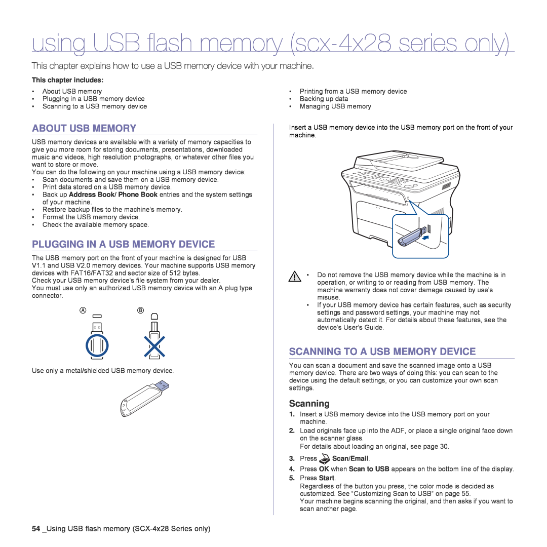 Samsung SCX-4828FN, SCX-4824FN manual About Usb Memory, Plugging In A Usb Memory Device, Scanning To A Usb Memory Device 