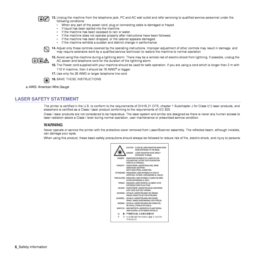 Samsung SCX-4828FN, SCX-4824FN manual Laser Safety Statement, 6Safety information, a. AWG American Wire Gauge 
